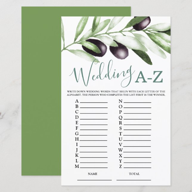 Budget Wedding A-Z Olive Bridal Shower Game  (Front/Back)