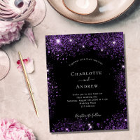 Budget wedding black purple glitter invitation
