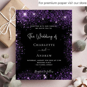 Budget wedding black purple glitter invitation