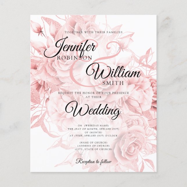 Budget Wedding Black & Rose Gold Floral Invitation Flyer (Front)