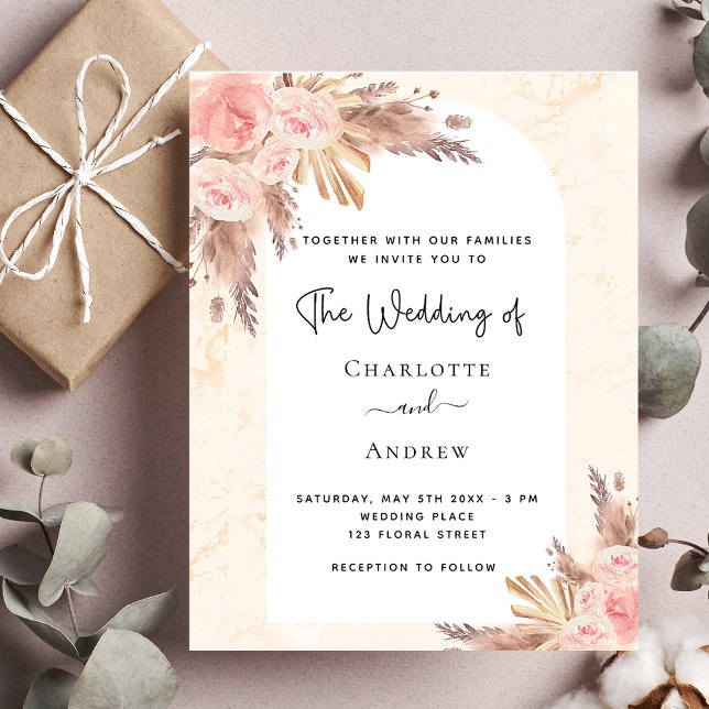 Budget wedding boho pampas rose blush invitation (Creator Uploaded)