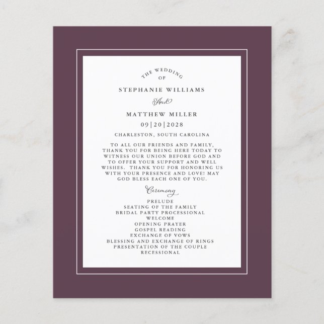 Budget Wedding Ceremony Elegant Purple Program (Front)