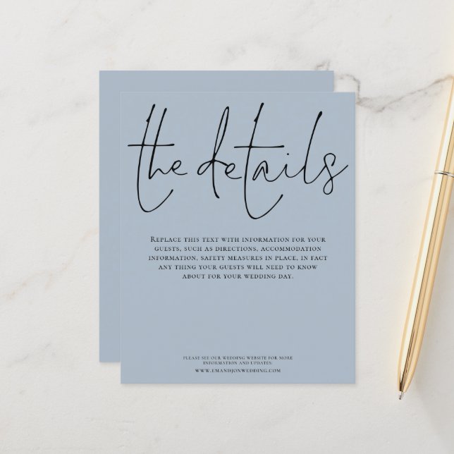 Budget Wedding Details Script Dusty Blue Enclosure (Front/Back In Situ)