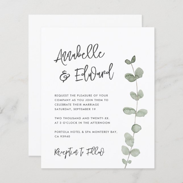 Budget Wedding eucalyptus details, invitation (Front/Back)