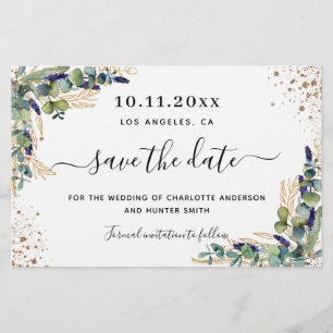 Budget wedding eucalyptus gold save the date