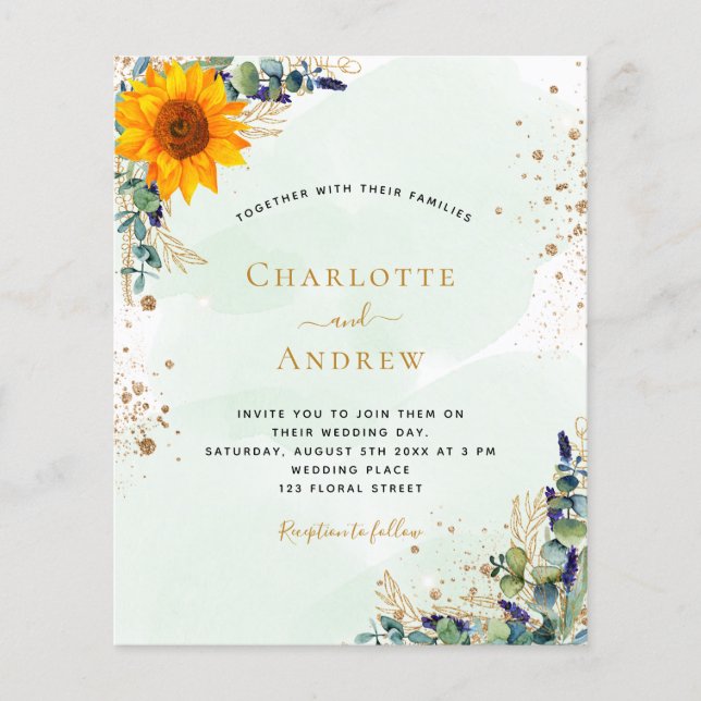 Budget wedding eucalyptus sunflower invitation (Front)