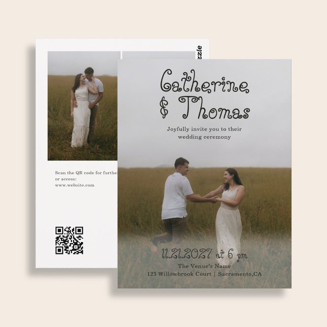 Budget Wedding Fancy Rustic 3 Photo QR Code Postcard (Creator Uploaded)