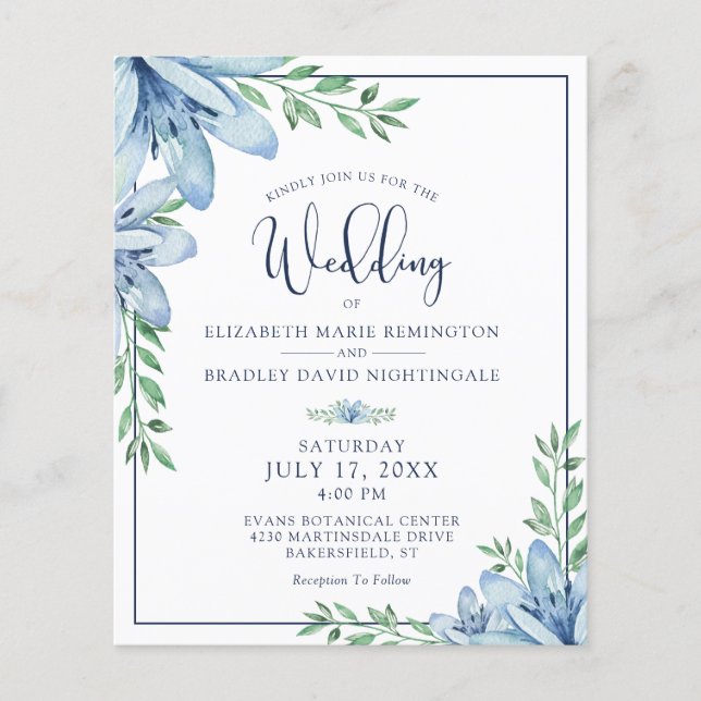 Budget Wedding Floral Blue Flowers Greenery Invite (Front)