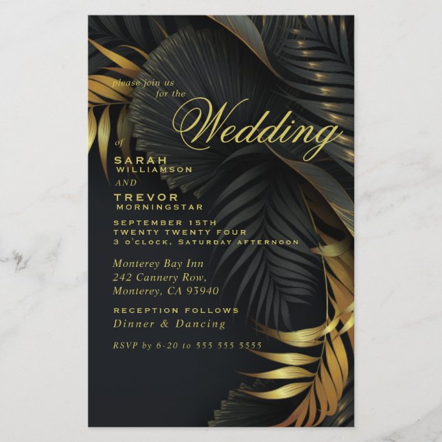 Budget Wedding Gold and Black Tropical Leaves (Front)
