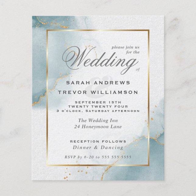 Budget Wedding Gold Dusty Blue  Invitation (Front)