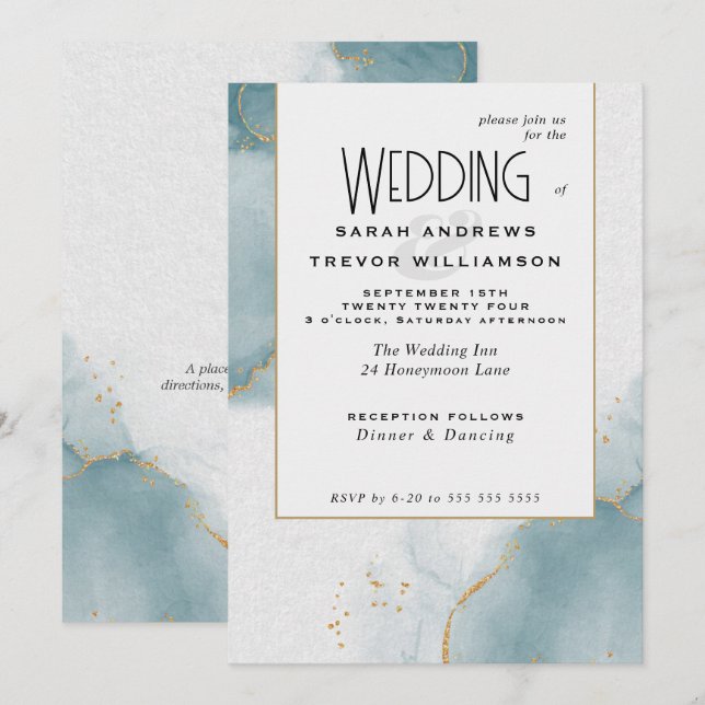 Budget Wedding Gold Dusty Blue  Invitation (Front/Back)