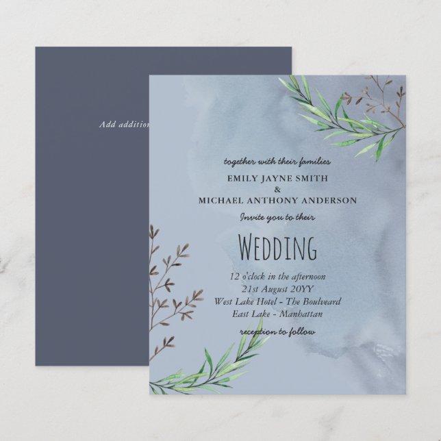 Budget Wedding Invitation Dusty Blue Olive Leaves (Front/Back)