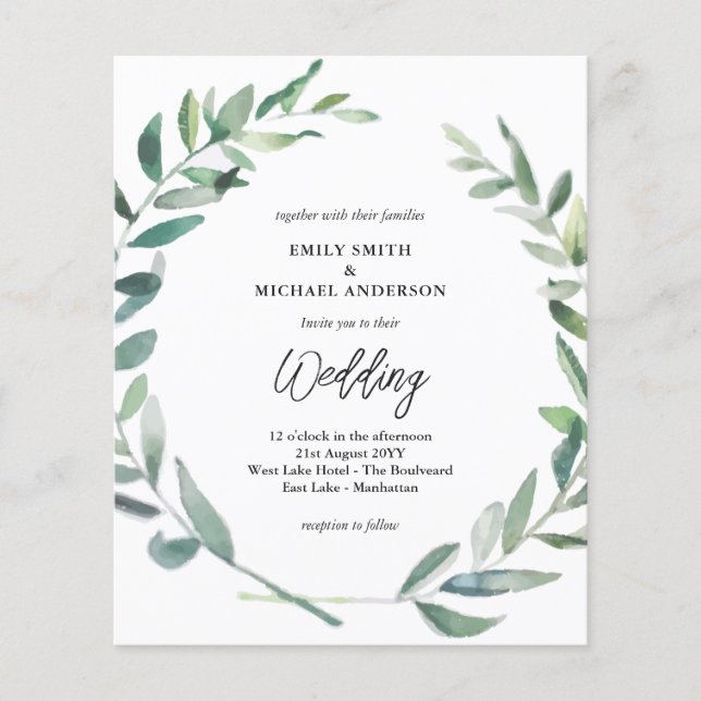 Budget Wedding Invitation Modern Olive Leaves (Front)