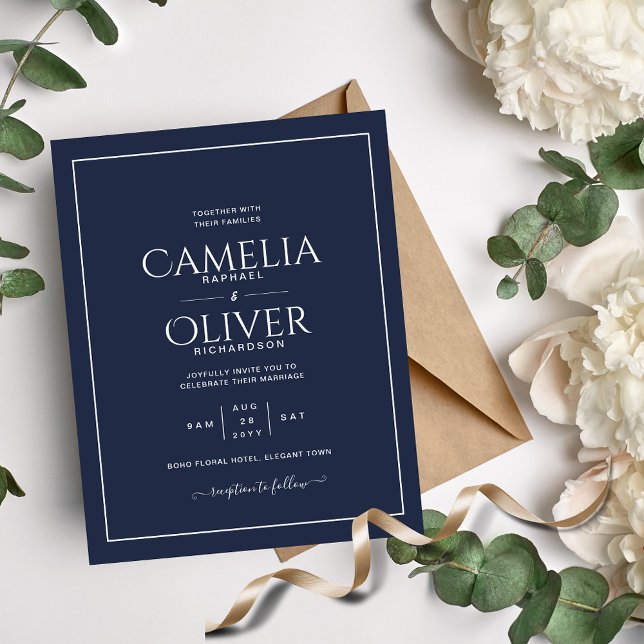 BUDGET Wedding Invitation Navy Blue White Classic Flyer (Creator Uploaded)