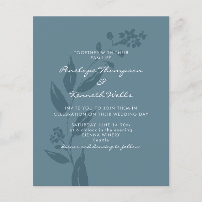 Budget Wedding Invitation Rustic Blue Botanical (Front)