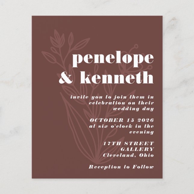 Budget Wedding Invitation - Rustic Brown Botanical (Front)