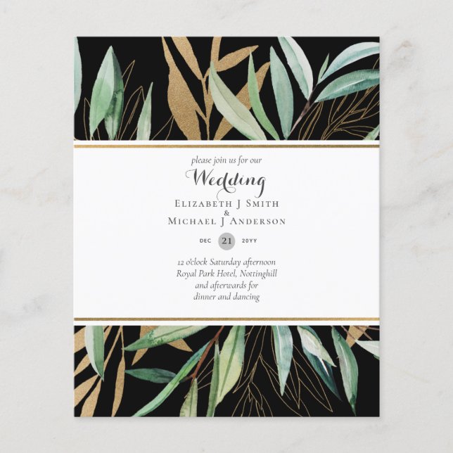 BUDGET WEDDING INVITATIONS Greenery leaves Flyer (Front)