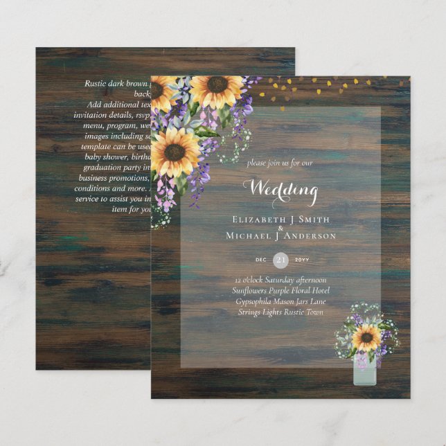 BUDGET WEDDING INVITATIONS - Rustic Sunflowers (Front/Back)