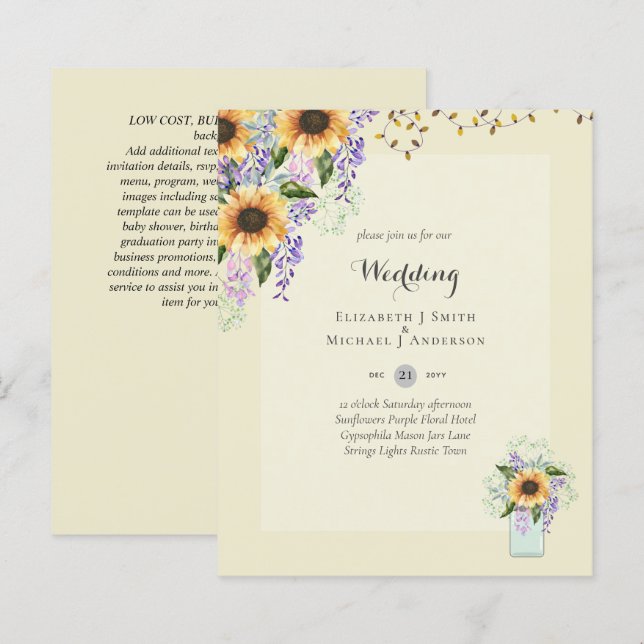 BUDGET WEDDING INVITATIONS - Rustic Sunflowers (Front/Back)