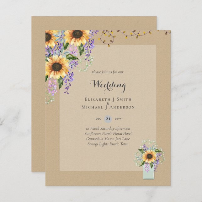 BUDGET WEDDING INVITATIONS - Rustic Sunflowers (Front/Back)