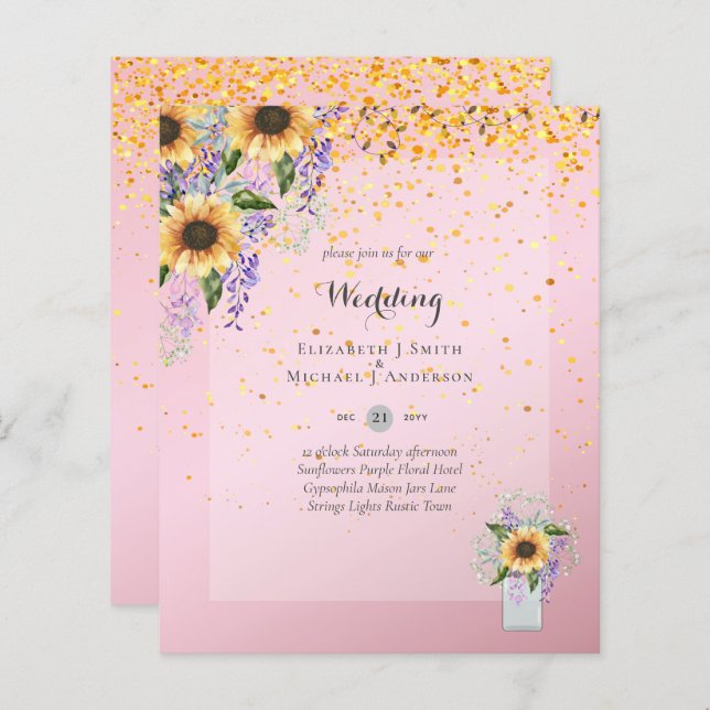 BUDGET WEDDING INVITATIONS - Rustic Sunflowers (Front/Back)