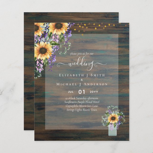 BUDGET WEDDING INVITATIONS Rustic Sunflowers CHIC (Front/Back)