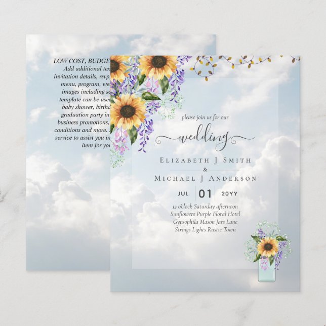 BUDGET WEDDING INVITATIONS Rustic Sunflowers CHIC (Front/Back)