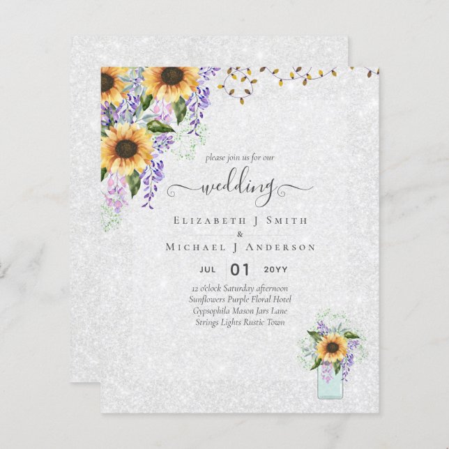 BUDGET WEDDING INVITATIONS Rustic Sunflowers CHIC (Front/Back)
