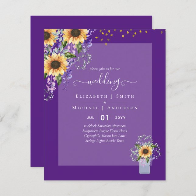 BUDGET WEDDING INVITATIONS Rustic Sunflowers CHIC  (Front/Back)
