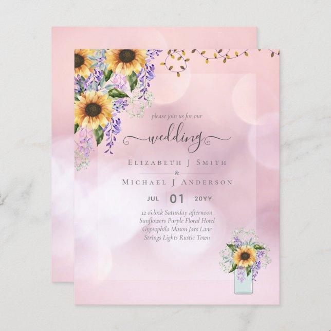 BUDGET WEDDING INVITATIONS Rustic Sunflowers CHIC (Front/Back)