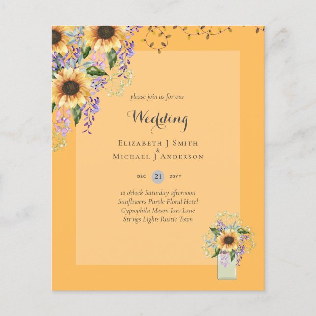 BUDGET WEDDING INVITATIONS - Rustic Sunflowers Flyer (Front)