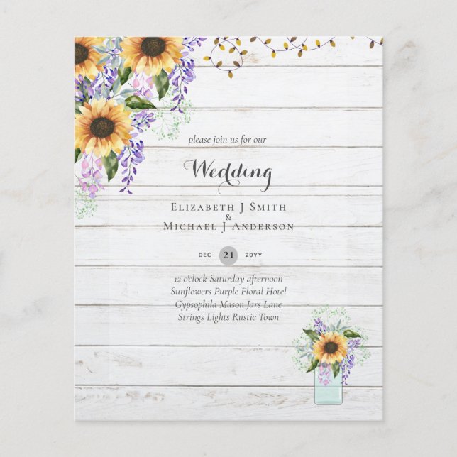 BUDGET WEDDING INVITATIONS - Rustic Sunflowers Flyer (Front)
