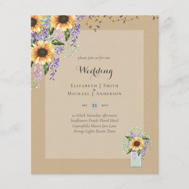 BUDGET WEDDING INVITATIONS - Rustic Sunflowers Flyer (Front)