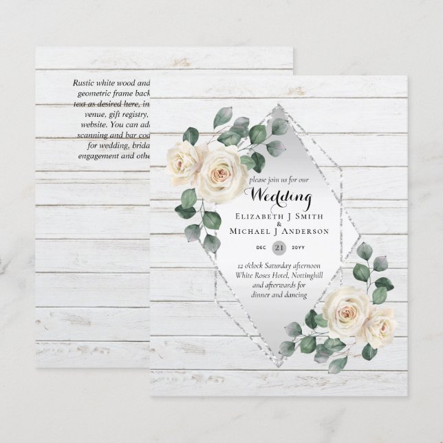 BUDGET WEDDING INVITATIONS - White Roses Silver (Front/Back)