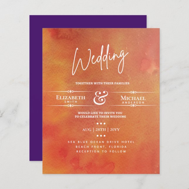 BUDGET Wedding Invite Orange Purple Wash (Front/Back)
