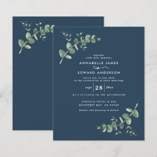Budget Wedding navy blue Eucalyptus botanical