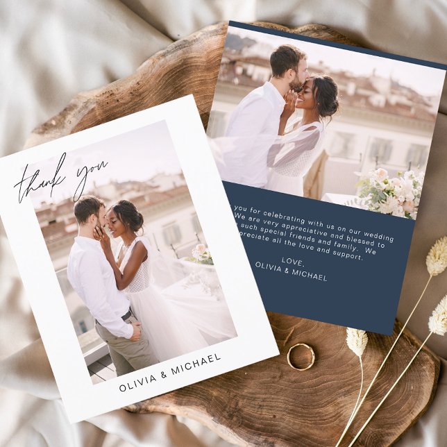 Budget Wedding Navy Blue Photo Thank You Cards (Creator Uploaded)