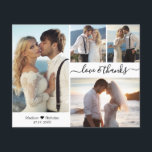 Budget Wedding Photo Collage Thank You Script Card<br><div class="desc">Budget, Elegant, Minimalist Hand Lettered Script 4 Photo Collage Wedding Thank You personalised affordable low budget thin card. Stylish wedding thank you card template featuring four photo on the front and one photo on the back. With the text "Love and thanks" in a swirly hand lettered typography script font with...</div>