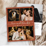 Budget Wedding Photo Terracotta Thank You Card<br><div class="desc">Budget, Modern, Elegant Terracotta Hand Lettered Wedding 3 Photo Collage Thank You personalised affordable low budget thin card. Minimalist wedding thank you card template featuring three (3) photo on the front and one (1) photo on the back. With the text "Love and thanks" in a swirly hand lettered typography script...</div>