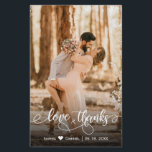 Budget Wedding Photo Typography Thank You Card<br><div class="desc">Budget Modern Hand Written Wedding Photo "Love and Thanks" script Thank You personalised low budget affordable THIN card. ***PLEASE NOTE! *** BUDGET PAPER/FLYER IS THIN. *** UPGRADE THE PAPER FOR A THICKER PAPER. *** Modern Stylish wedding thank you postcard template featuring a full vertical photo on the front with overlay...</div>