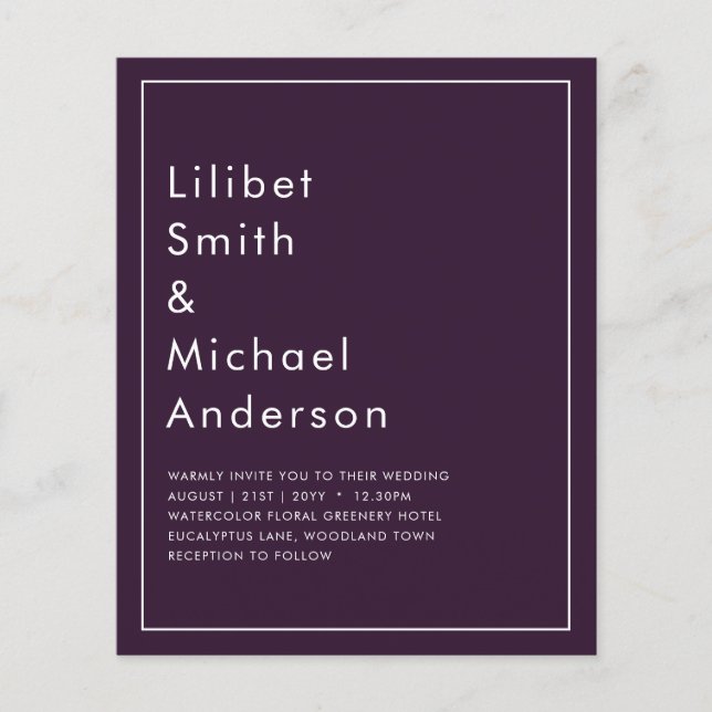 BUDGET Wedding PLUM PURPLE Monochrome Simple Flyer (Front)