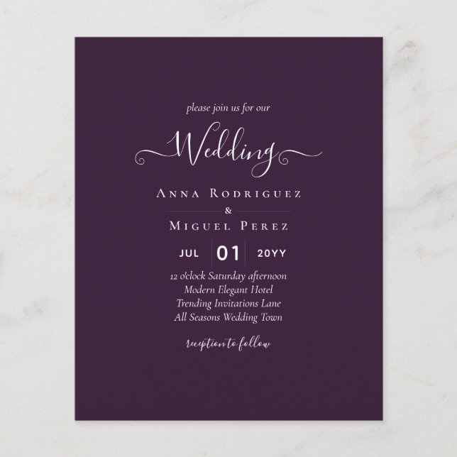 BUDGET Wedding PLUM PURPLE Monochrome Simple Flyer (Front)
