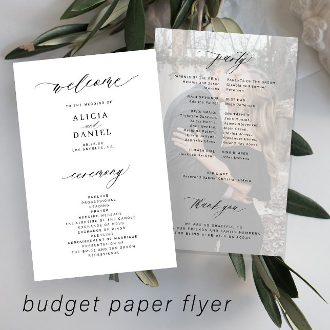 Budget wedding program white black elegant photo  flyer (Creator Uploaded)