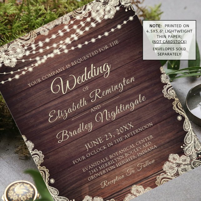 Budget Wedding Rustic Wood Lights Lace Invitation (Creator Uploaded)