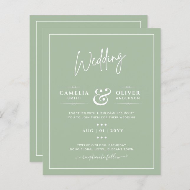 BUDGET Wedding Sage Apple Green Monochrome Text  (Front/Back)