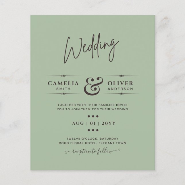 BUDGET Wedding Sage Apple Green Monochrome Text  Flyer (Front)