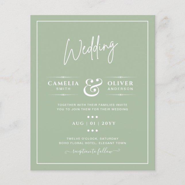 BUDGET Wedding Sage Apple Green Monochrome Text  Flyer (Front)