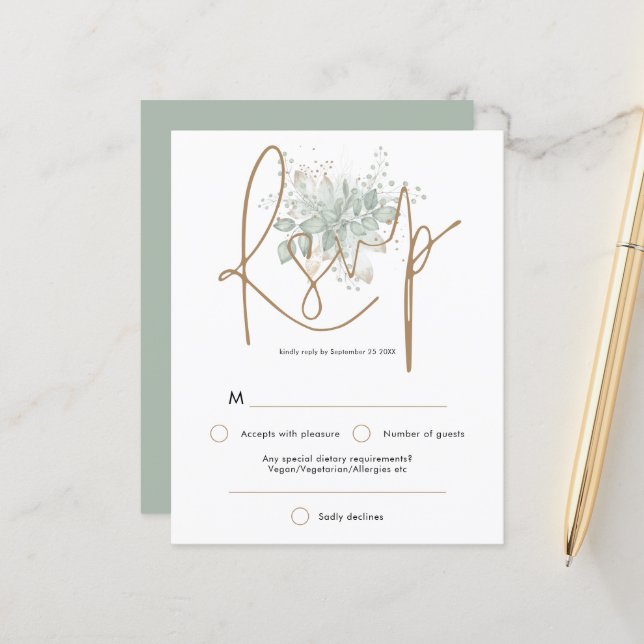 Budget Wedding Sage Foliage Gold Script RSVP (Front/Back In Situ)