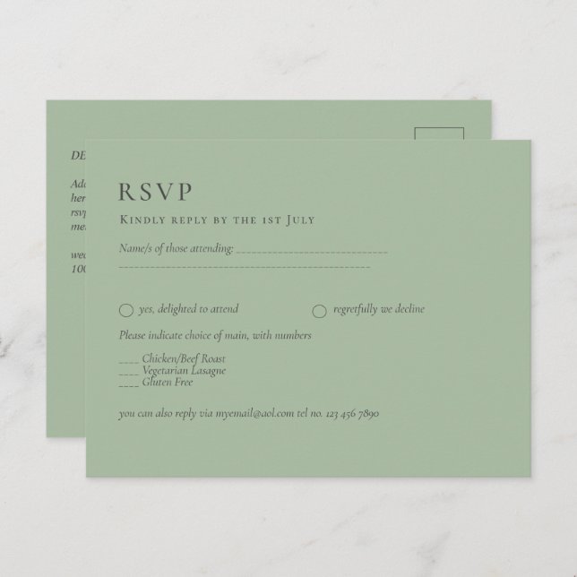 BUDGET Wedding Sage Green Monochrome Wedding RSVP Postcard (Front/Back)