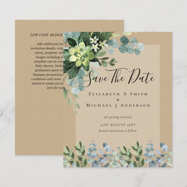 BUDGET WEDDING SAVE DATES - GREENERY Eucalyptus (Front/Back)